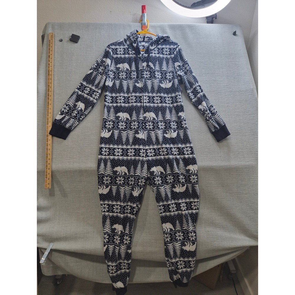 Old Navy Hooded Microfleece One Piece Jumpsuit Womens Large Blue White Half Zip
